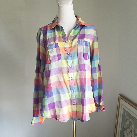 Old Navy Tops - Vintage Rainbow Plaid Button Down Shirt Long Sleeve Colorful Checkered Top Small